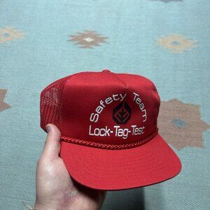 Vintage trucker hat mesh cap safety team lock tag test red SnapBack adjustable